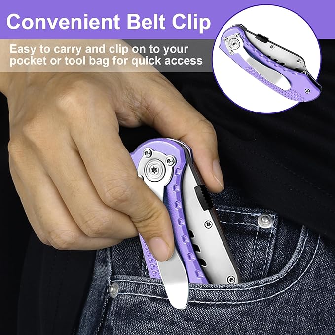 Vickay Folding Utility Knife, Box Cutter with 5 SK5 Quick Change Blades, Safety Axis Lock Design Razor Knife, Lightweight Aluminum Handle Belt Clip for Office Home Artcraft （Light Purple)