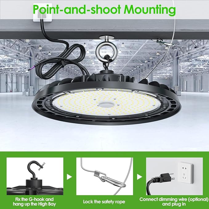 LED High Bay Light 240W, 12' UFO Commercial Lighting Fixture w/Isolated Power Supply, w/Plug for Garage Shop Warehouse Workshop, 5000k 35000lm Dimmable IP65 UL ETL Listed (4-Pack)
