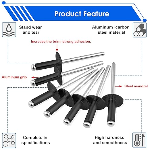 smseace 3/16" x 1/2" Rivets 150 Pcs Black Large Flange Rivets 4.8 x 12mm Black Rivets