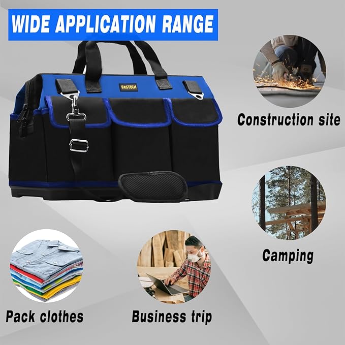20 Inch Bottom Tools Bag With Wide Mouth For Tool Storage, Carrier and Organizer, Heavy Duty Tool Tote Bag for Men/Women, Wide Mouth Tool Bag With Inside Pockets (20 Inch)