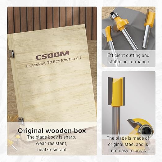 CSOOM 70PCS Router Bits Set - 1/4” Shank, Carbide Tipped Router Bits for Professional Woodworking, Includes Multiple Shapes , Yellow,for Professional and Beginners Carpenter