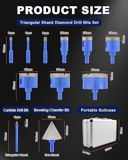 Diamond Tile Hole Saw Kit - 11Pcs 1/4'' X 2, 5/16'', 4/5'', 1'', 1-3/8'', 1-3/4'', 2'', 2-1/2'' Drill Bits, 1/4'' Carbide Drill Bit, 2'' Beveling Chamfer Bit for Porcelain Tile Ceramic Granite Marble