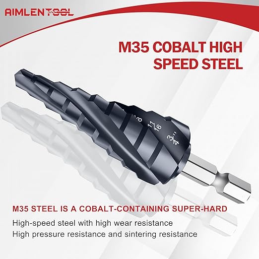 M35 Four Spiral Flute Cobalt Step Drill Bit, 1/4"-3/4" Wear-Resistant TiAlN Coated Four-Flute Step Bit, 1/4" Hex Shank Unibit Step Bit for Metal, Stainless Steel, Aluminum, Wood, Plastic