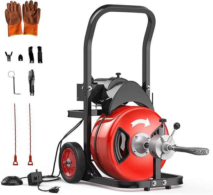 Drain Cleaning Machine 100Ft 3/4 Inch Cable, 750W Auto Feed Portable Electric Sewer Snake, Electric Drain Auger with 6 Cutter Air-Activated Foot Switch for 4" to 8" Pipes