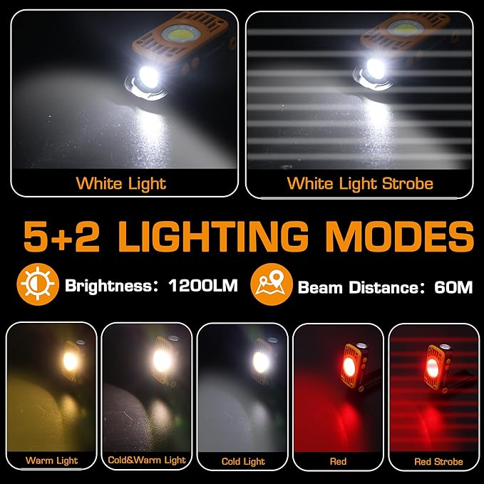 EverBrite COB Rechargeable Folding Work Light, 7 Lighting Modes, 1200 Lumens LED with 180° Adjustable Stand and Hanging Hook, Magnetic Base for Car Repair, Camping, Emergency, Job Site