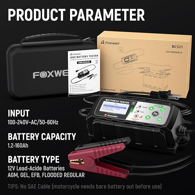 FOXWELL BC521 12V 5A Battery Charger, Tester, Trickle Charger & Desulfator, 4-in-1 Smart Automotive Battery Tool with 8-Stage Charging, Pulse Repair, Cranking & Alternator Test for Car, RV, Motorcycle