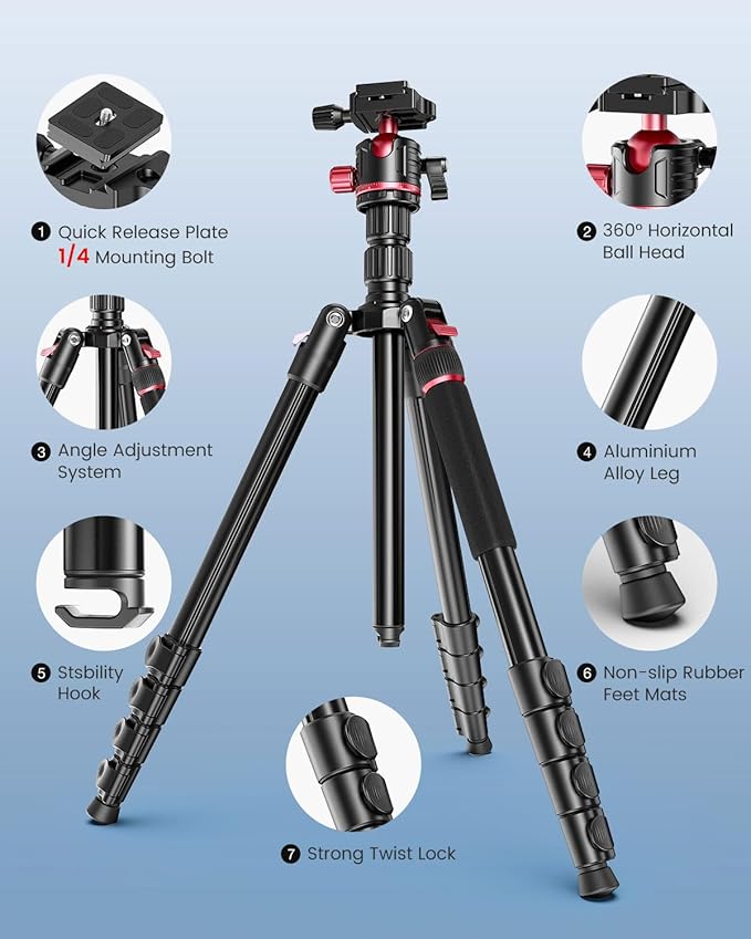 CAMBOFOTO 74-inch-Professional-Camera-Photography-Tripod, Ball Head Aluminum DSLR/SLR Tripod & Monopod with Carry Bag Compatible with Canon Nikon Binoculars Laser Telescope (Weight 3 Lbs, 13Lbs Load)