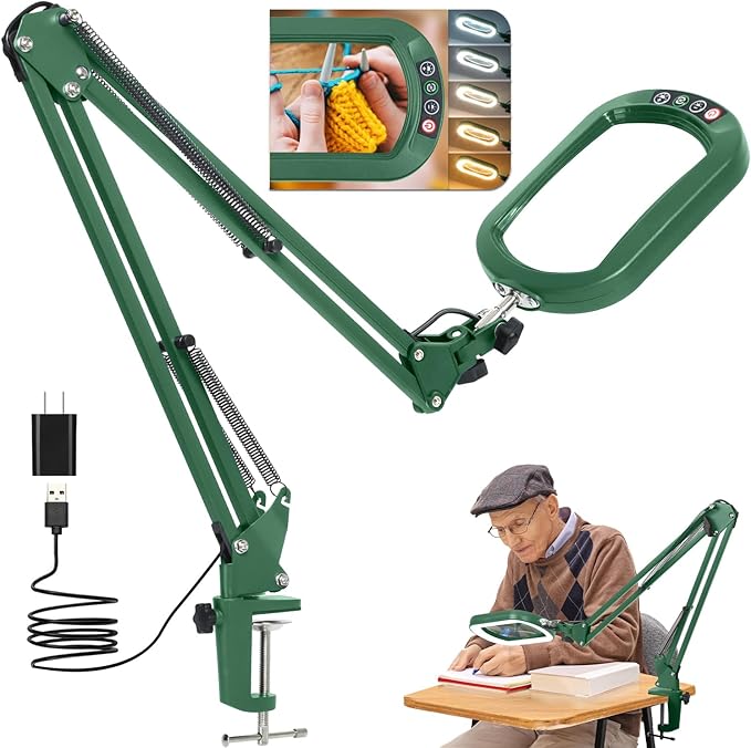 10X Rectangle Magnifying Glass with Light and Clamp, 5 Color Modes Stepless Dimmable, Lighted Magnifier with Stand Hands Free, Flexible Swing Arm LED Desk Lamp for Close Work, Craft, Painting - Green