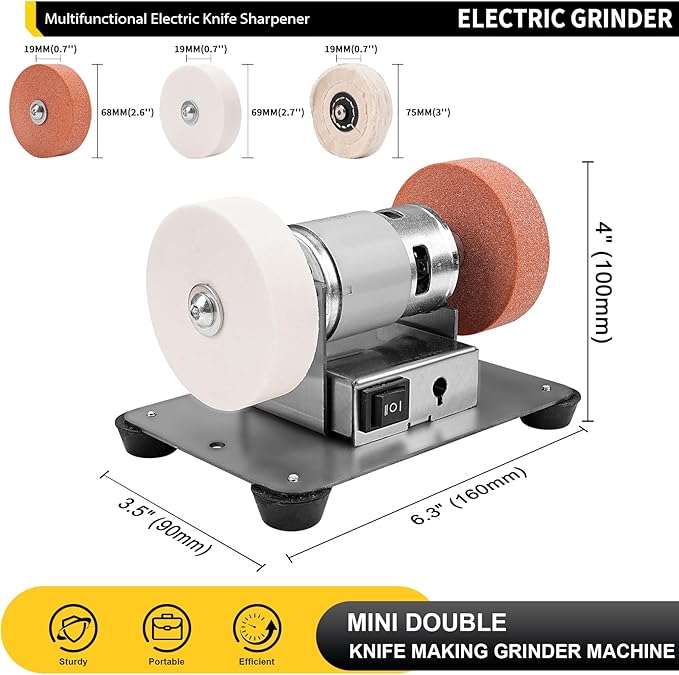 Mini Bench Grinder with 3 Wheels, Electric Multi-Purpose Grinding Machine for Metal, Wood, Knife Making, Jewelry Buffing, 6.3 x 3.5 inch Base