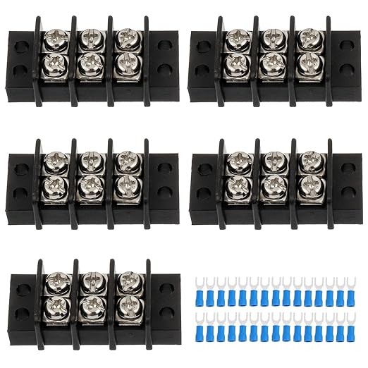 3 Circuits 3 Positions Terminal Block 20-30A 200-450V Dual Row Screw Terminals Strip with 30 PCS Heat Shrink Wire Fork Connectors(Pack of 5pcs)
