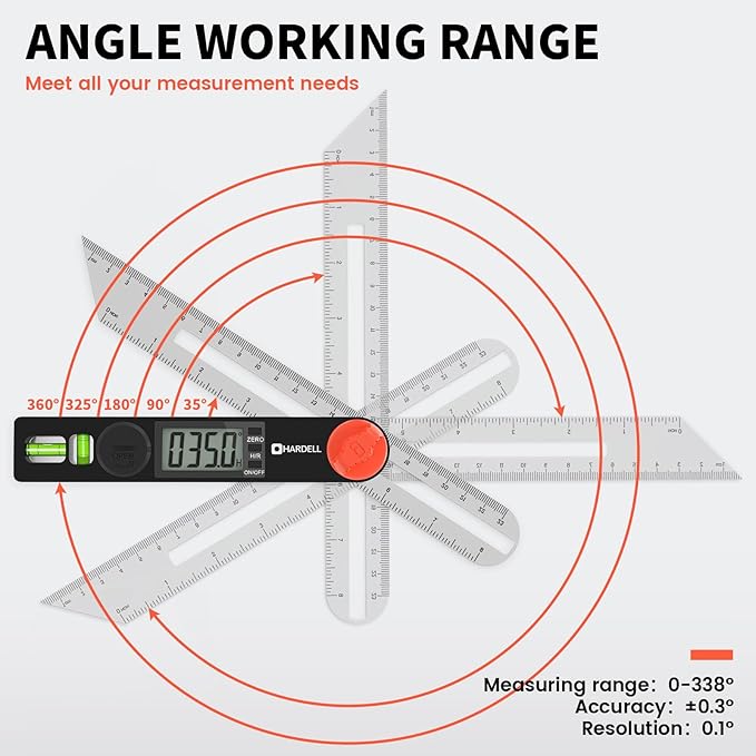 HARDELL Digital Angle Finder, 8 inch 230mm T-Bevel Protractor Ruler, Horizontal Vertical Bubble levels with Large LED Screen, 0-338 Degree Angle Measuring Tool, Suitable for Carpenters, Woodworkers