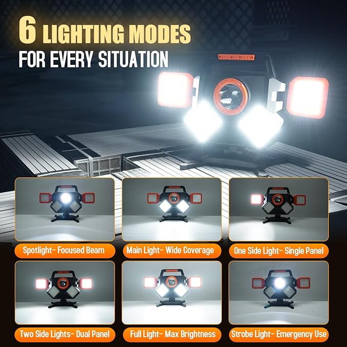 Rechargeable Work Light 5000LM, Foldable&Rotatable Magnetic LED Work Light with 6 Modes, 8000mAh Battery Powered Portable Work Lights for Car Repair, Home Maintenance, Workshop, Camping, Emergency Use