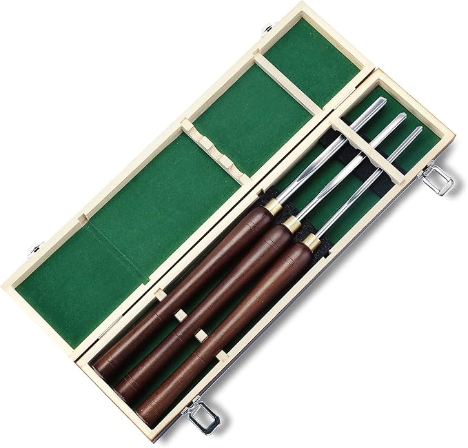Woodturning Bowl Gouge Set, 3 Pieces 22.5” Wood Lathe Bowl Turning Tools, 1/4 Flute, 3/8 Flute, and 1/2 Flute, with High Speed Steel Blades, Beech Handles and Brass Ferrules, in Wooden Storage Case