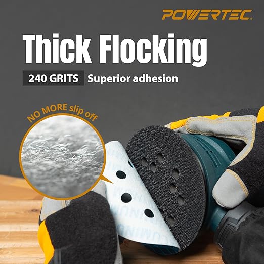 POWERTEC 5 Inch 8-Hole Hook and Loop Diamond Shaped Sanding Discs, 50PK, 240 Grit for Random Orbital Sanders – J-Weight Cloth Backing for Long Life, Anti-Clog Sandpaper (44924)
