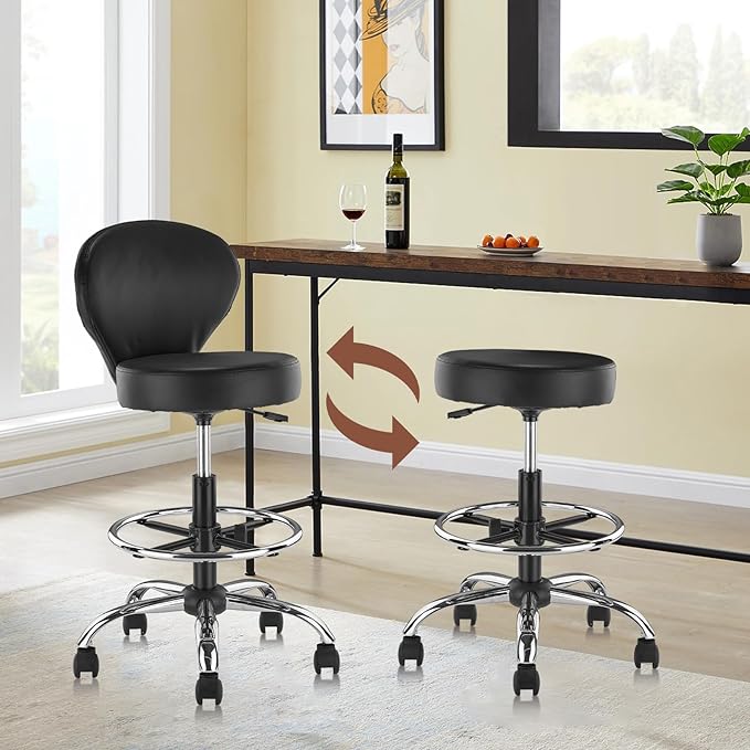 Black PVC Faux Leather Drafting Chair Set of 2 Rolling Swivel Salon Stool with Back Support Foot Rest Adjustable Hydraulic Seat Height for Massage Facial Spa Medical Drafting Tattoo Beauty