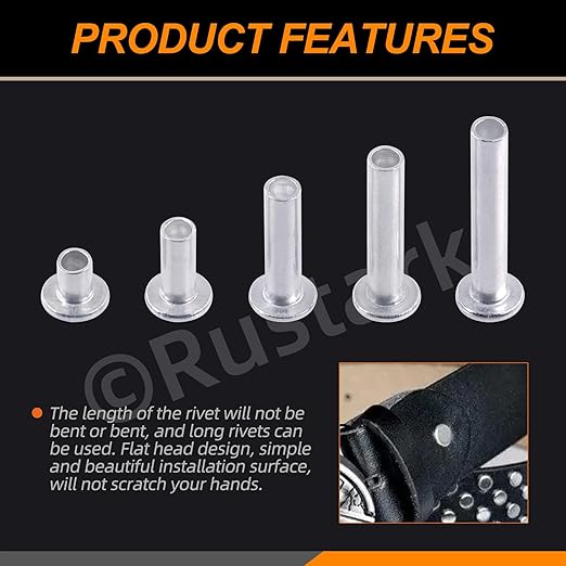 201Pcs 5 Sizes M5 Aluminum Flat Head Semi Tubular Rivets Assortment Kit with Punch, Partial Hole Tubular Rivets Round Flat Head Semi Tubular Rivet Silver Tone for Household Industry Repairing