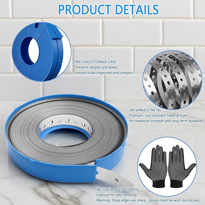 Metal Pipe Strap, 3/4 inch, 100 FT, Galvanized Hanger Strapping with Holes for Pipe Support, Flexible Trimming | Includes Storage Case & Gloves, Storage Case (100 FT 1Pack)