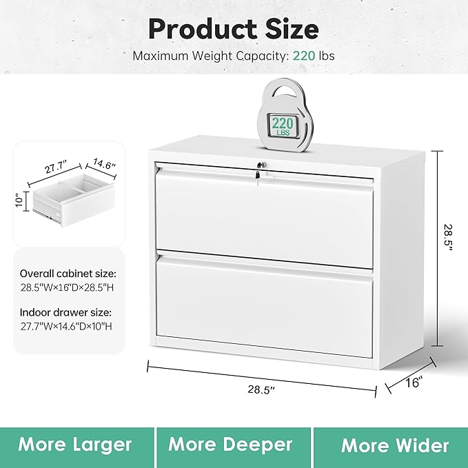 Superday Lateral File Cabinet 2 Drawer Metal File Cabinet with Lock, White Filing Cabinets for Home Office, Locking Filing Cabinets Hanging Files Letter/Legal/F4/A4