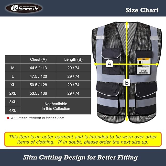 JKSafety 9 Pockets High Visibility Zipper Front Safety Vest With Reflective Strips,HQ Breathable Mesh, Oxford Fabric for pocket materials. Black Meets ANSI/ISEA Standards (XX-Large, 110-Black)