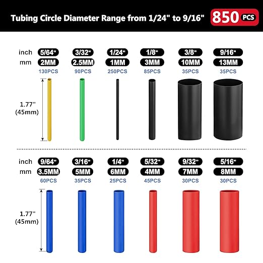 Chanzon UL Listed 850 Pcs Heat Shrink Tubing Kit - 12 Sizes 5 Colors Multi-Color Heat Shrink Wrap Tubing with Length 1.77" (inch), Polyolefin Sleeving Heat-Shrink Tube 2 to 1 2:1