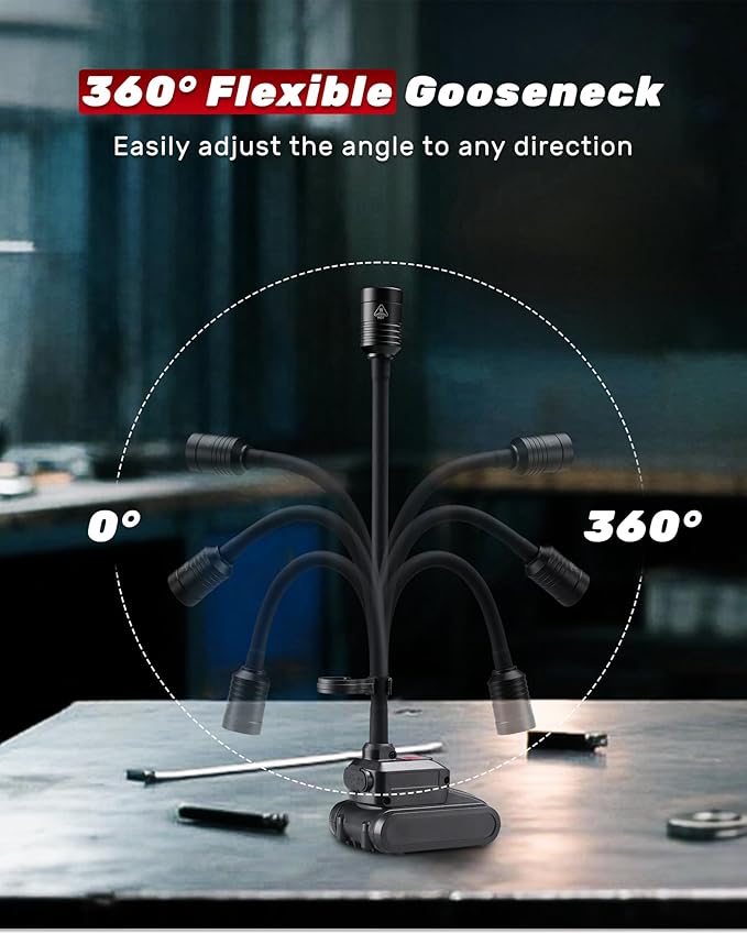 Magnetic Work Light, 4400mAh Rechargeable Flexible Gooseneck Work Light with Hanging Hook, 1000 Lumens 3 Modes LED Machine Light for Work Bench, Lathe, Sewing Machine, Grill, Black