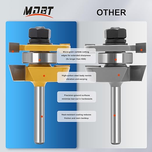 15° Bevel Tenon Joint Router Bit- Lock Miter & Woodworking Router Bits Set for Roundover, Rabbeting, Cabinet Doors, Rail & Stile, Tongue & Groove Joinery (Router Bit-1/4 Inch Shank-15° Angle)