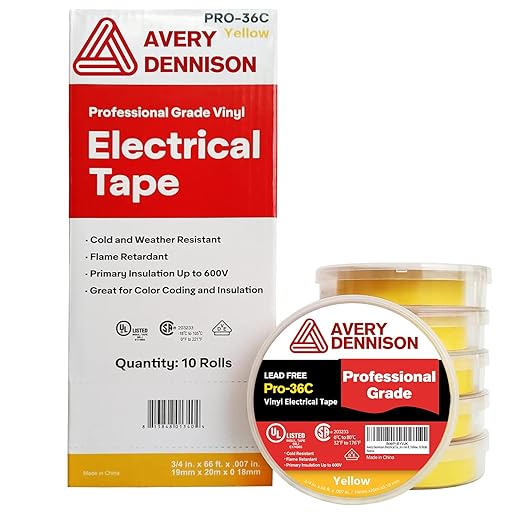 Avery Dennison Electrical Tape, 10 Rolls Professional Grade PVC Electric Tape, UL/CSA Listed ¾ in x 66 ft Insulating Vinyl Tape for Electrical, Repairs, Automotive and Equipment, Pro-36C, Yellow