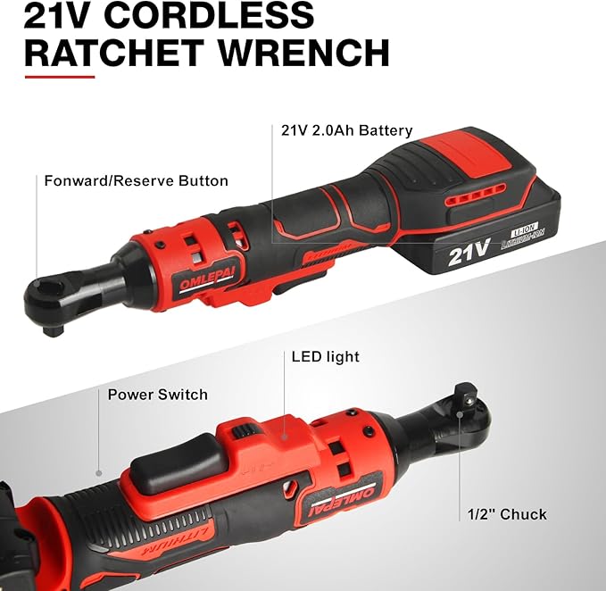 Electric Ratchet Wrench Set, 3/8" 21V Power Ratchet Tools, Cordless Ratchet Wrench, Included 6 Sockets and Charger, Variable Speed & LED Light