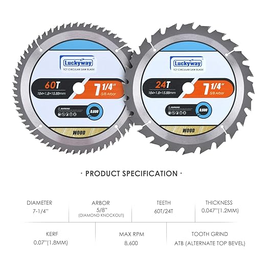 Luckyway 7-1/4 Inch Circular Saw Blade 24T Framing & 60T Fine Finish with 5/8 Inch Arbor, TCT Saw Blade for Wood Cutting 2-Pack