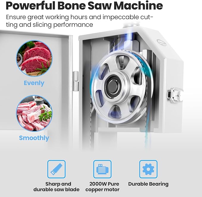 2000W Commercial Bandsaw Machine, 20x16" Stainless Steel Worktable, Cuts 0.04-8" Thickness Electric Bone Saw Machine, Frozen Meat Cutter with 8 Blades Included, for Rib Pork Beef