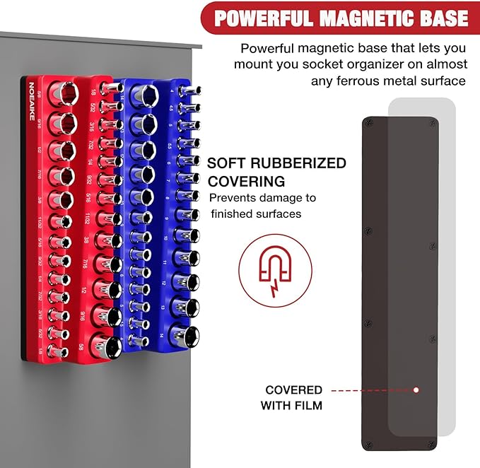 Magnetic Socket Organizer - 4-Pack Metric SAE Socket Holder - 11/4", 3/8" Drive Trays - Holds 108 Standard and Deep Size Sockets