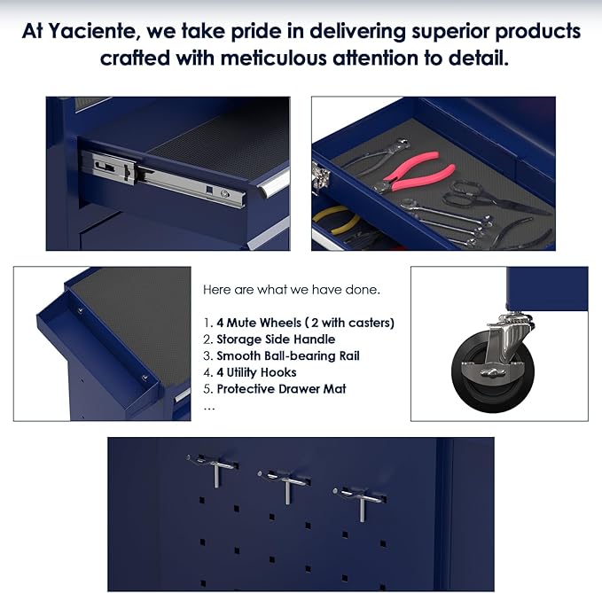 5-Drawer Tool Box with Wheels, Rolling Tool Storage Cabinet with Detachable Top Tool Chest and Locking Mechanism, Metal Tool Cart for Garage Workshop and Room Use (Blue)