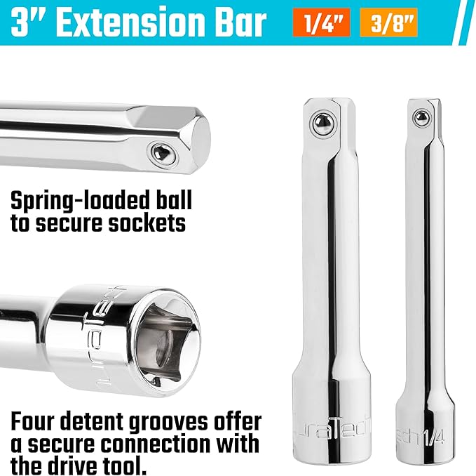 DURATECH Ratchet Set, 3-IN-1 Ratchet Handle, with 2 Extension Bars, 1/4", 3/8", 1/2" Drive Ratchet Wrench, 72-Tooth, Reversible Switch, Full-Polished Chrome Plating, Alloy Steel