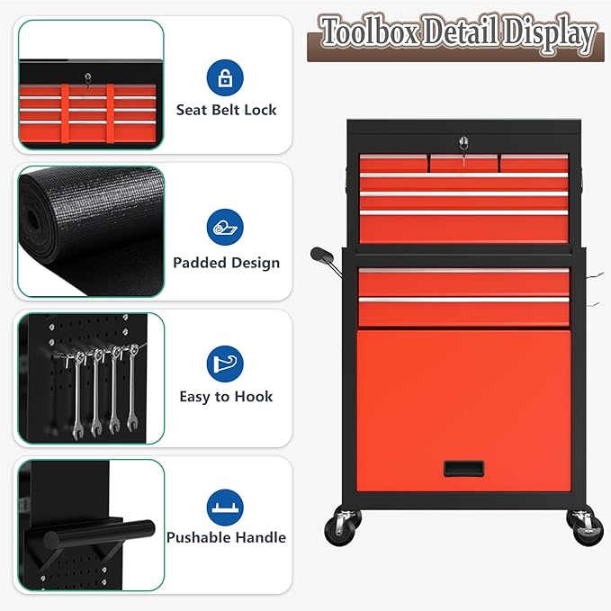 8 Drawer Tools Chest,42.9 inch Tool Cabinet with Universal Lockable Wheels，Organizable Tool Box with Detachable Top Box for Workshop，BlackRed