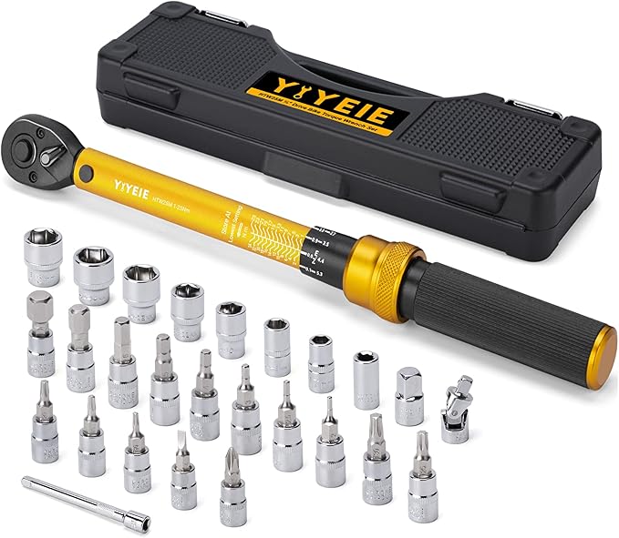 1/4 Inch Drive Bike Torque Wrench, 1-25 Nm (10-222.5 in.lb), 27 PCS Click Bicycle Torque Wrench with Bit Sockets, 0.1 Nm Micro, 72-Tooth Ratchet, 3/8 Adapter, for MTB, E-Bike, Motorcycle