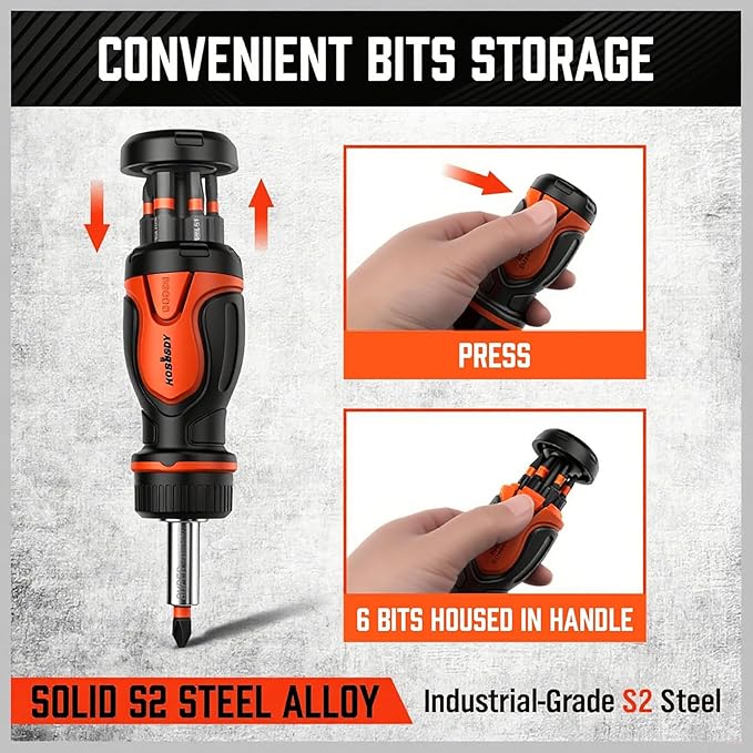 Magnetic Portable Screwdriver Bit Set: 8-in-1 Ratcheting Screw Driver Includes 1/4”Bit Driver Screwdrivers Holder, 7 Screwdriver Bits with Phillips, Slotted, Square, Hex, for Garage & Daily Repair
