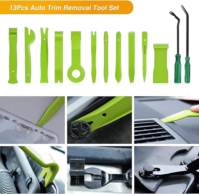 GOOACC 13PCS Nylon Trim Removal Tool Set for Bumper Fastener Rivet Clips Car Door Clip Panel Audio Video Dashboard Dismantle Green