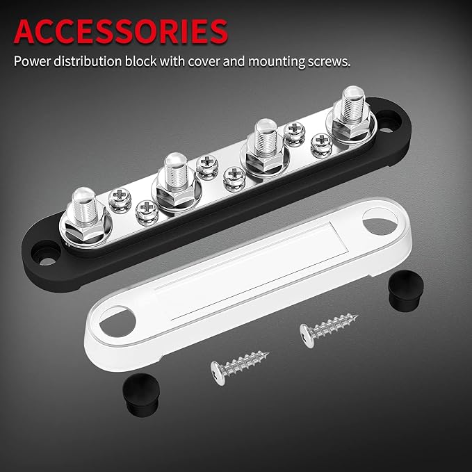 DAIERTEK Bus Bar Terminal Block 4 x 5/16" (M8) Terminal Stud, 6 x #8 (M4) Screw Terminal Positive & Ground Power Distribution Block with Cover Marine Battery Bus Bar 12V - 48V for Automotive Car Boat