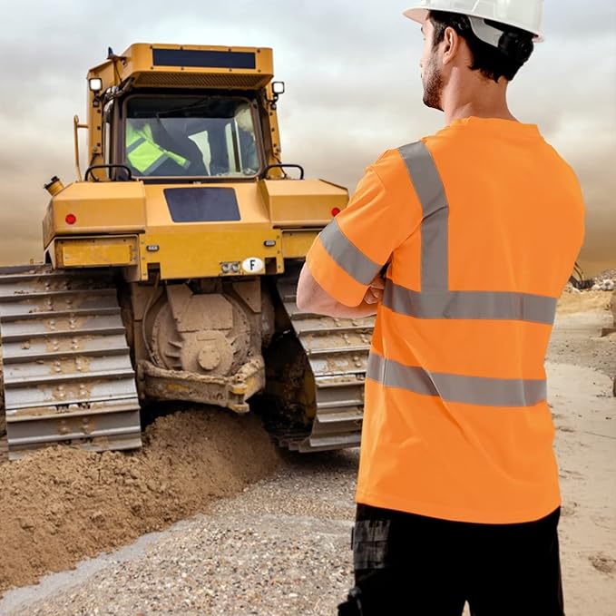 High Visibility Class 3 T Shirts，Hi Vis Safety Shirts with Reflective Strips and Pocket, Short Sleeve Quick Dry Mesh Construction Work Shirt for Men/Women Orange,5XL