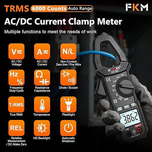 FKM Digital Clamp Meter Multimeter Tester TRMS 6000 Counts Auto-ranging Amp Smart Voltage Tester,for AC/DC Current,AC/DC Voltage,NCV Detection,Resistance,Capacitance,Continuity,Diode,Hz,Temp Test