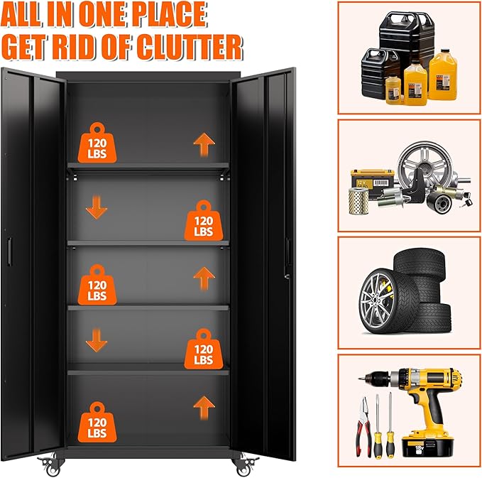 73 Inches Metal Storage Cabinet on Wheels,Storage Cabinet with Wheels and 4 Adjustable Shelves,Rolling Garage Cabinets for Office,Warehouse,Assemble Required(Black)