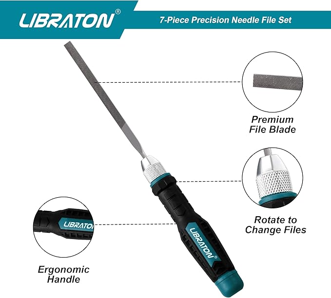 LIBRATON Needle File Set Interchangeable, Small Mini Wood Metal Files, 6PCs Steel With Handle for Precision Work, Woodworking, Plastic Carving, Craft Tool