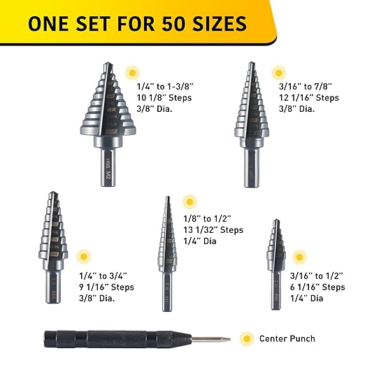 5-Piece M2 HSS Step Drill Bits Set, 1/8"-1-3/8" High-Speed Steel Unibit Kit with Storage Case, 50 Sizes Multi-Hole Precision Bits for Sheet Metal, Steel, Aluminum, Professional & Home Tool Set