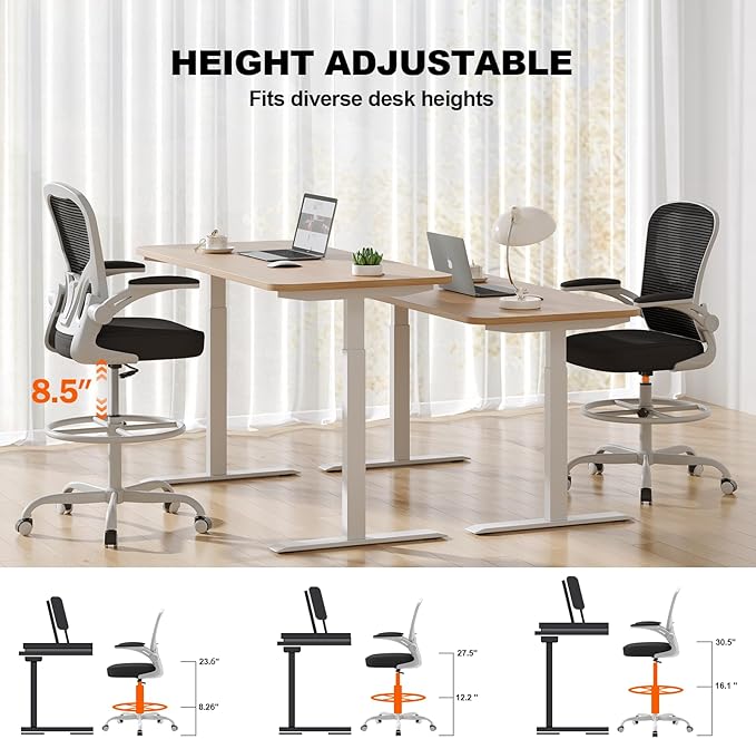 Ergonomic Drafting Chair, Tall Office Chair with Flip-up Armrests, Breathable Mesh High Desk Chair with Lumbar Support Adjustable Footrest Ring for Standing Desk Grey Black