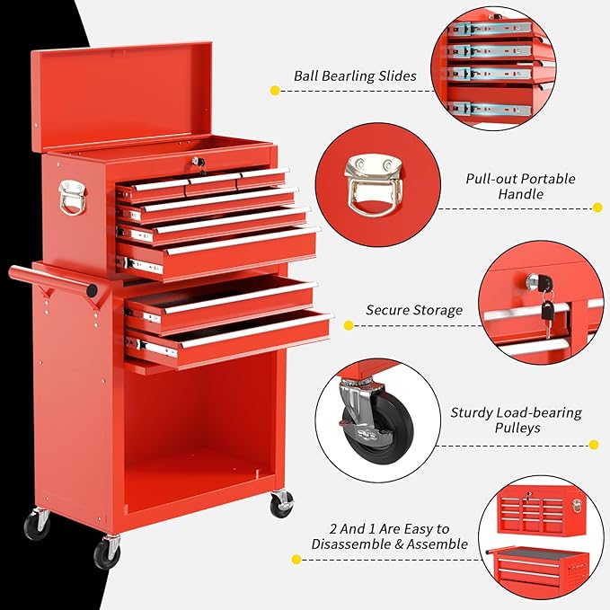 On Shine Rolling Tool Chest - 8 Drawer Large Capacity Metal Tool Box with Wheels, Locking Mechanisms; ideal for Garage, Workshop (Red)