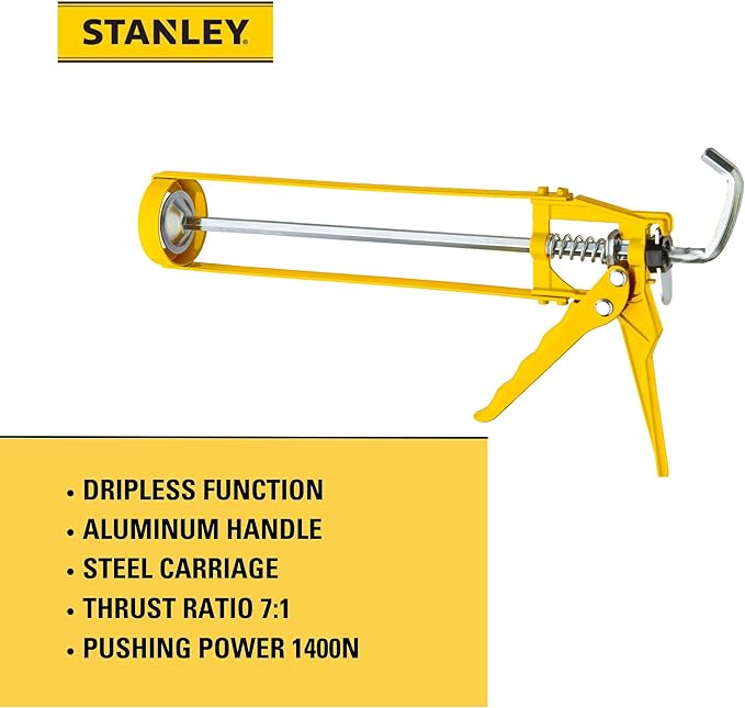 Stanley Caulking Gun - 10 Oz Silicone Sealant Gun with 1400N Pushing Power, No Drip Function, Steel Carriage & Aluminum Handle Sealant Gun | 7:1 Thrust Ratio, 1 Pack