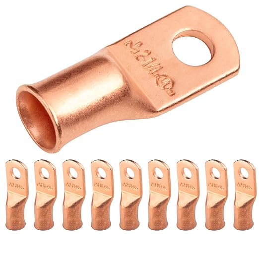 SELTERM 10pcs 2 AWG - 1/4" Stud - Battery Lugs, Heavy Duty Wire Lugs, Ring Terminals, Battery Cable Ends,2 Gauge Terminals, UL Bare Copper Eyelets Electrical Battery Terminal Connectors