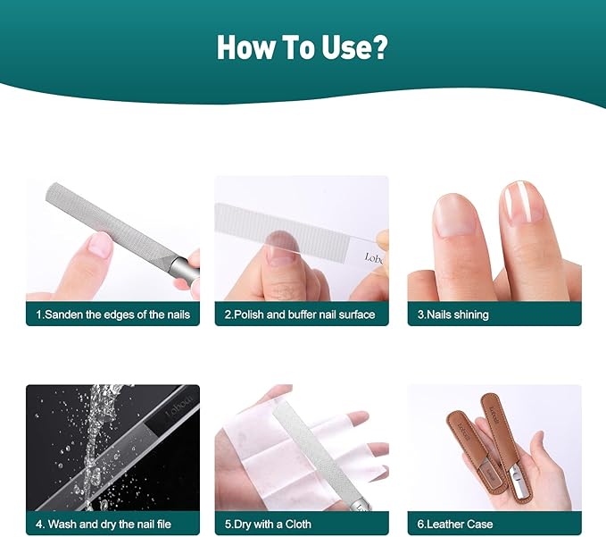 Glass Nail File - Stainless Steel with Anti-Slip Handle and Leather Case, Family or Travel Mini Nail File Suitable for Both Men and Women