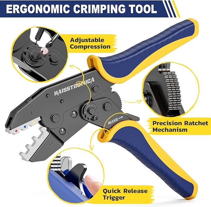 haisstronica 6 in 1 Crimping Tool Kit and Wire Stripper, Ratcheting Wire Crimper with 6 PCS Interchangeable Dies for Heat Shrink,Non-Insulated,Ferrule,Open Barrel,Insulated Connectors, men tool gifts