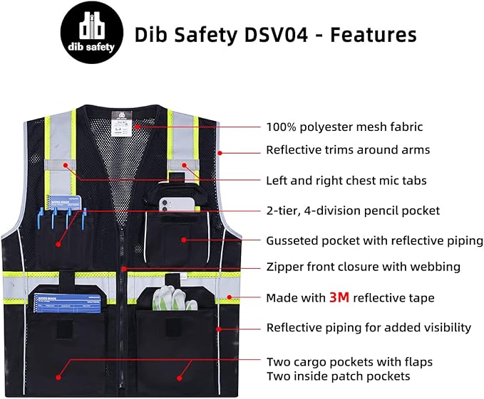 Dib Safety Vest Reflective Black Mesh, High Visibility Vest with Pockets and Zipper, Heavy Duty Vest Made with 3M Reflective Tape S
